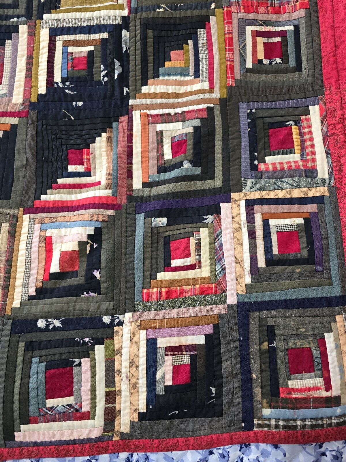 1900s Hand-Stitched Log Cabin Quilt, Museum Quality