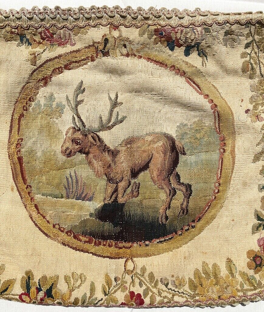 Aubusson Tapestry Pillow Panel, Stag & Florals