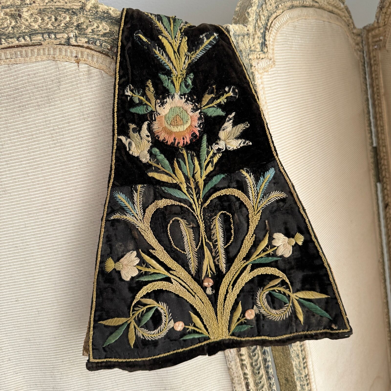 18th Century French Embroidered Black Velvet Stomacher