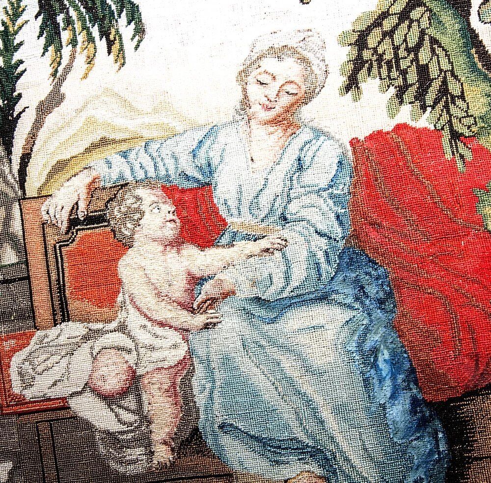 1600s-1700s Fine Needlepoint Tapestry, Mother & Putti