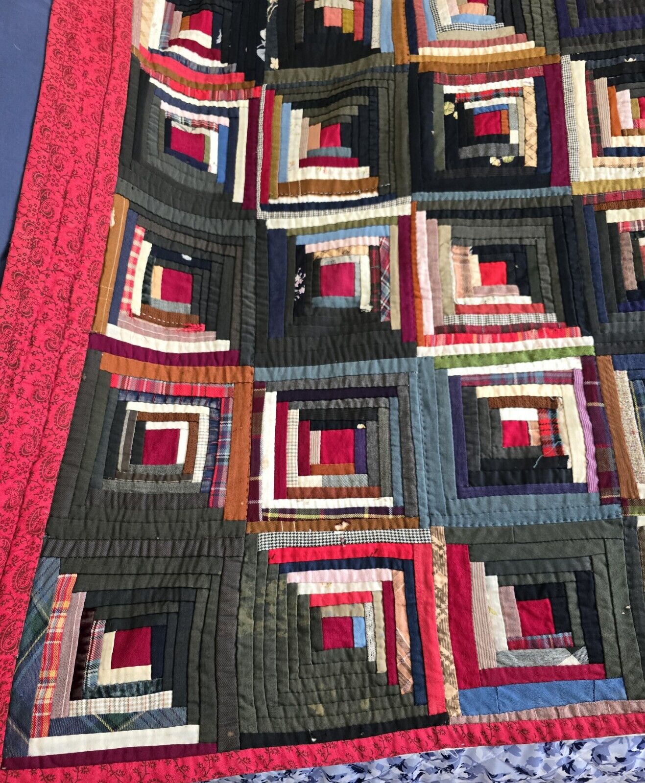 1900s Hand-Stitched Log Cabin Quilt, Museum Quality