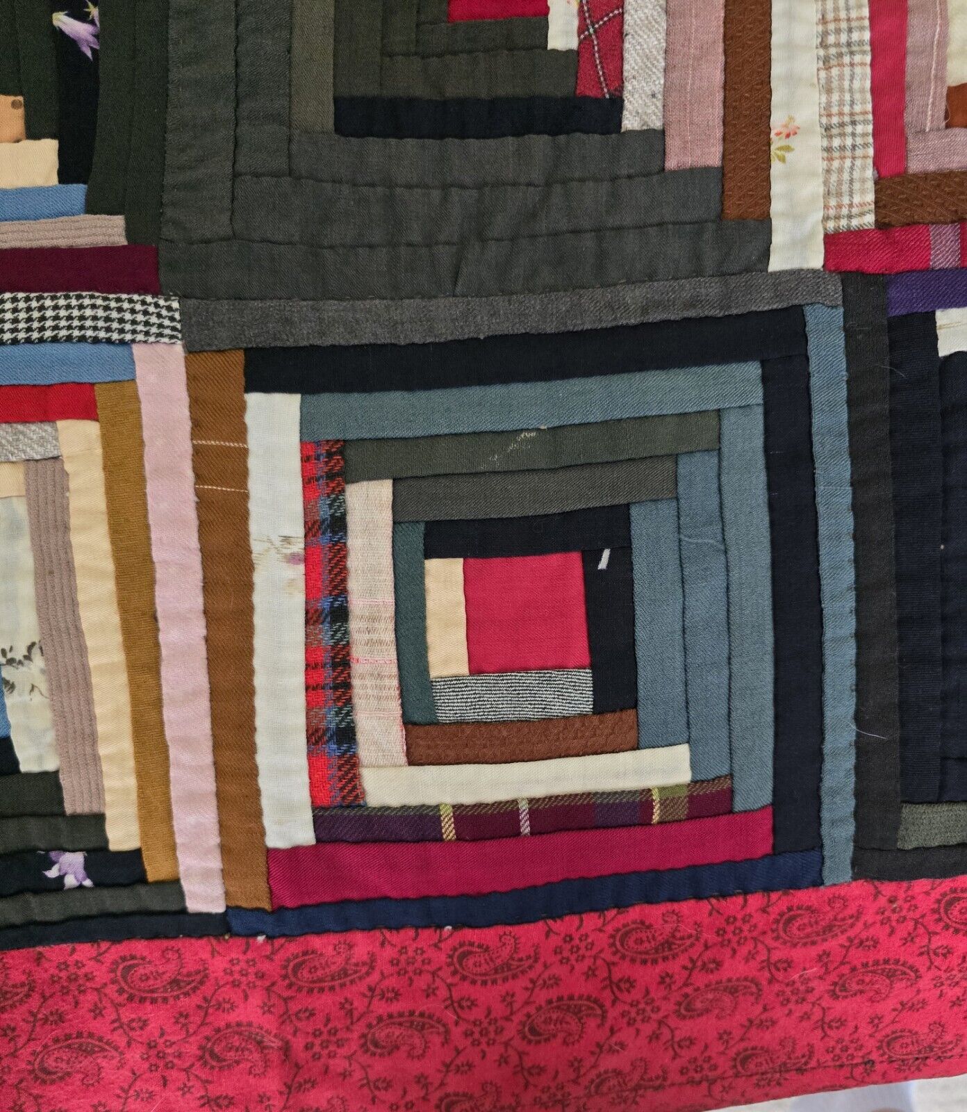 1900s Hand-Stitched Log Cabin Quilt, Museum Quality