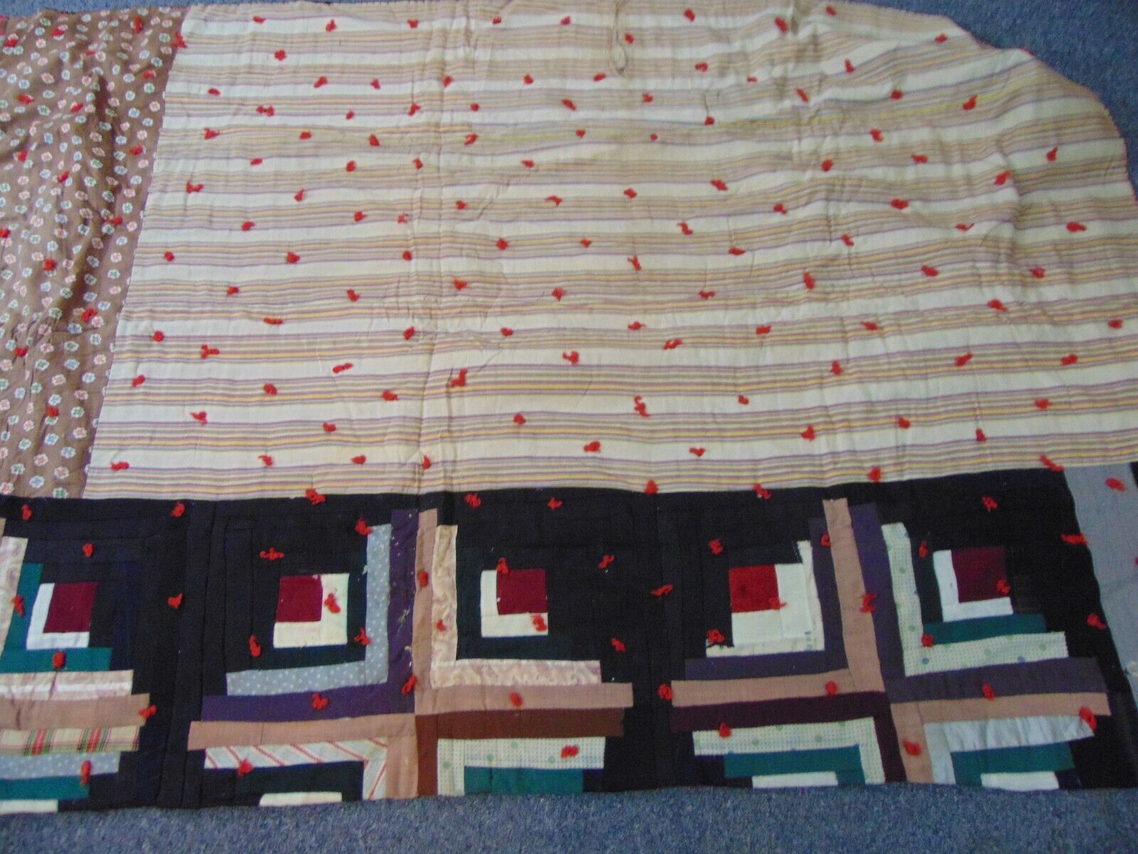 Log Cabin Pattern Quilt - 1900s Wool 52x83