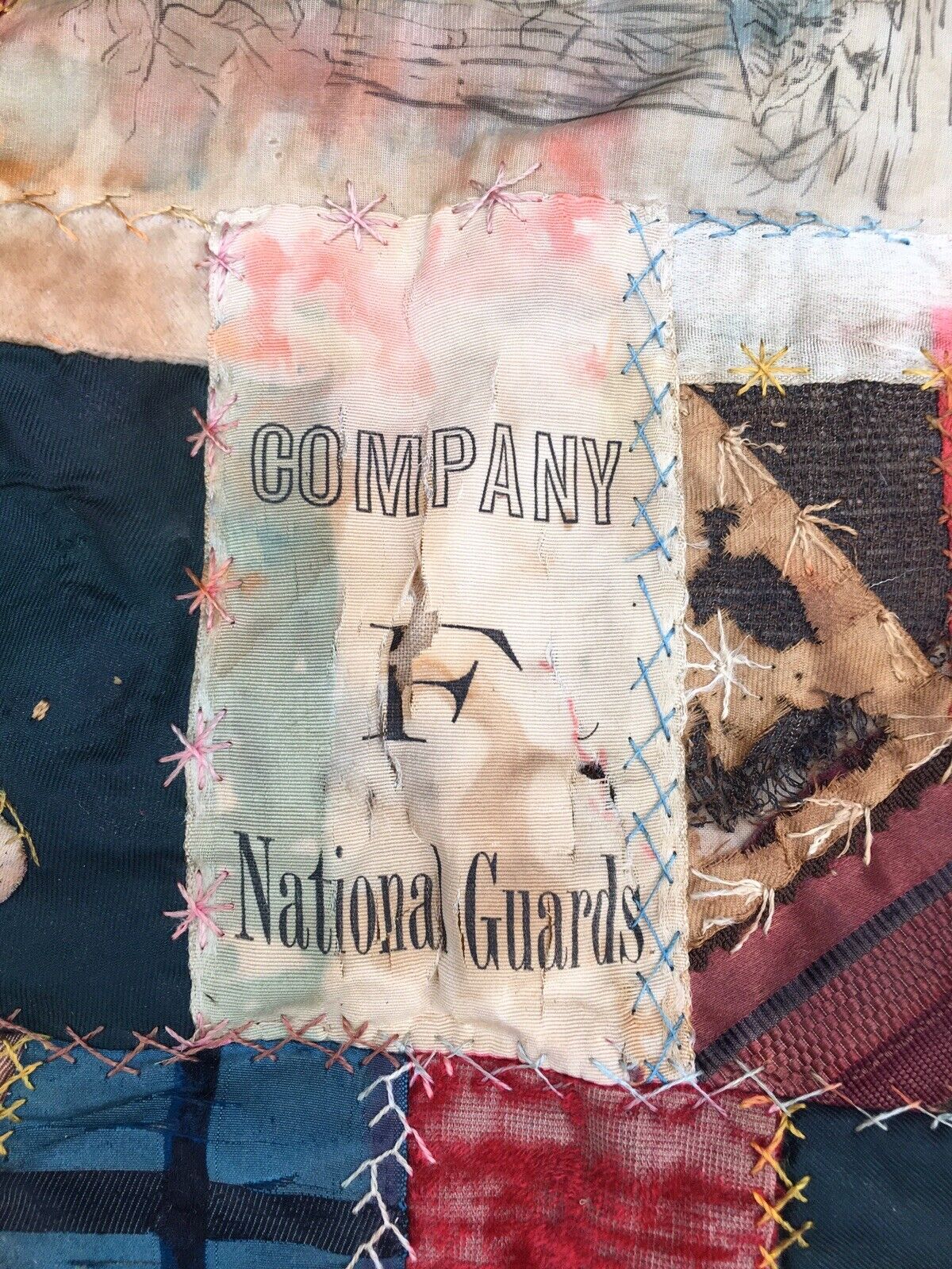 Antique Colorful Military Political Patch Quilt Topper