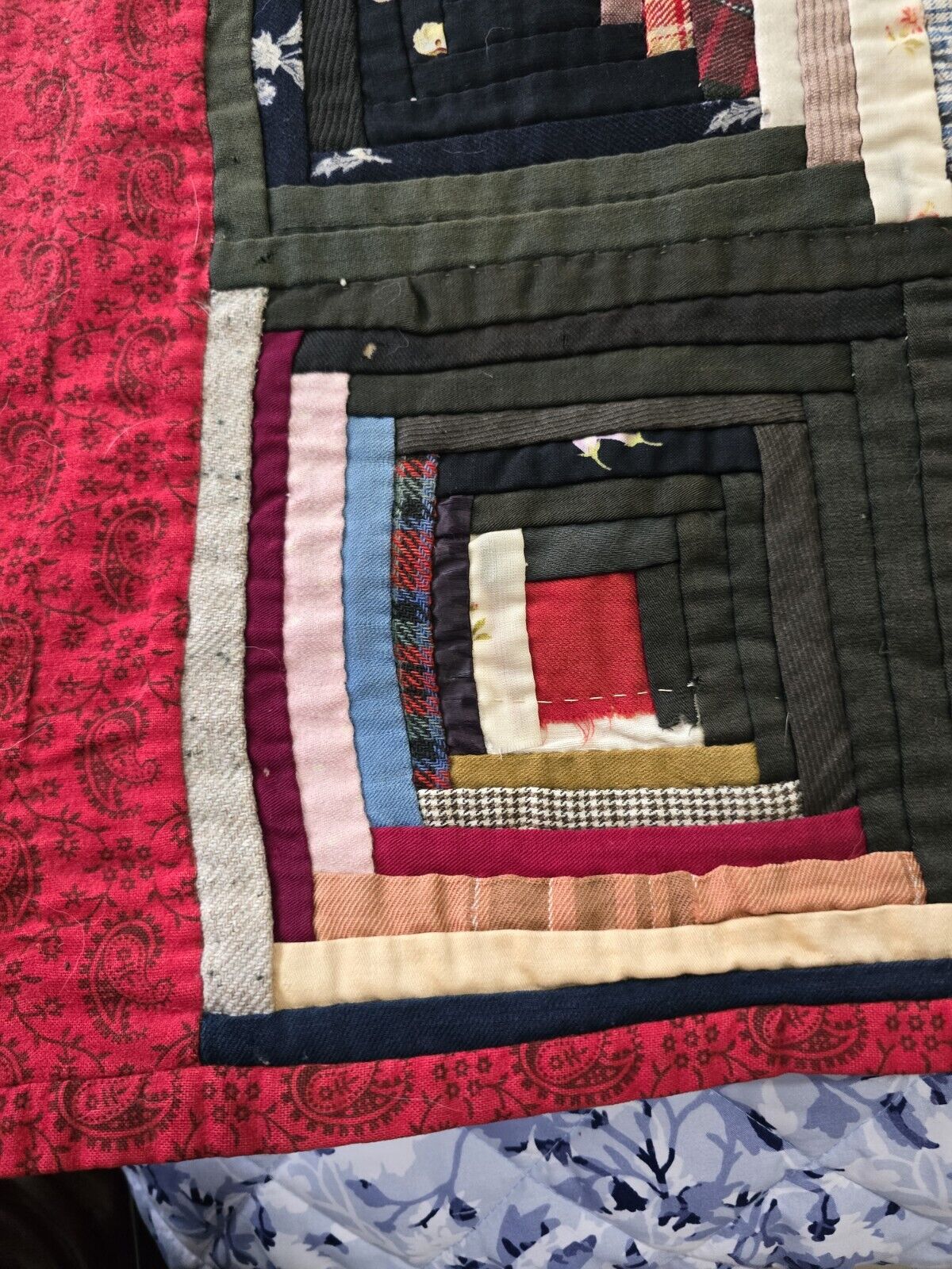1900s Hand-Stitched Log Cabin Quilt, Museum Quality
