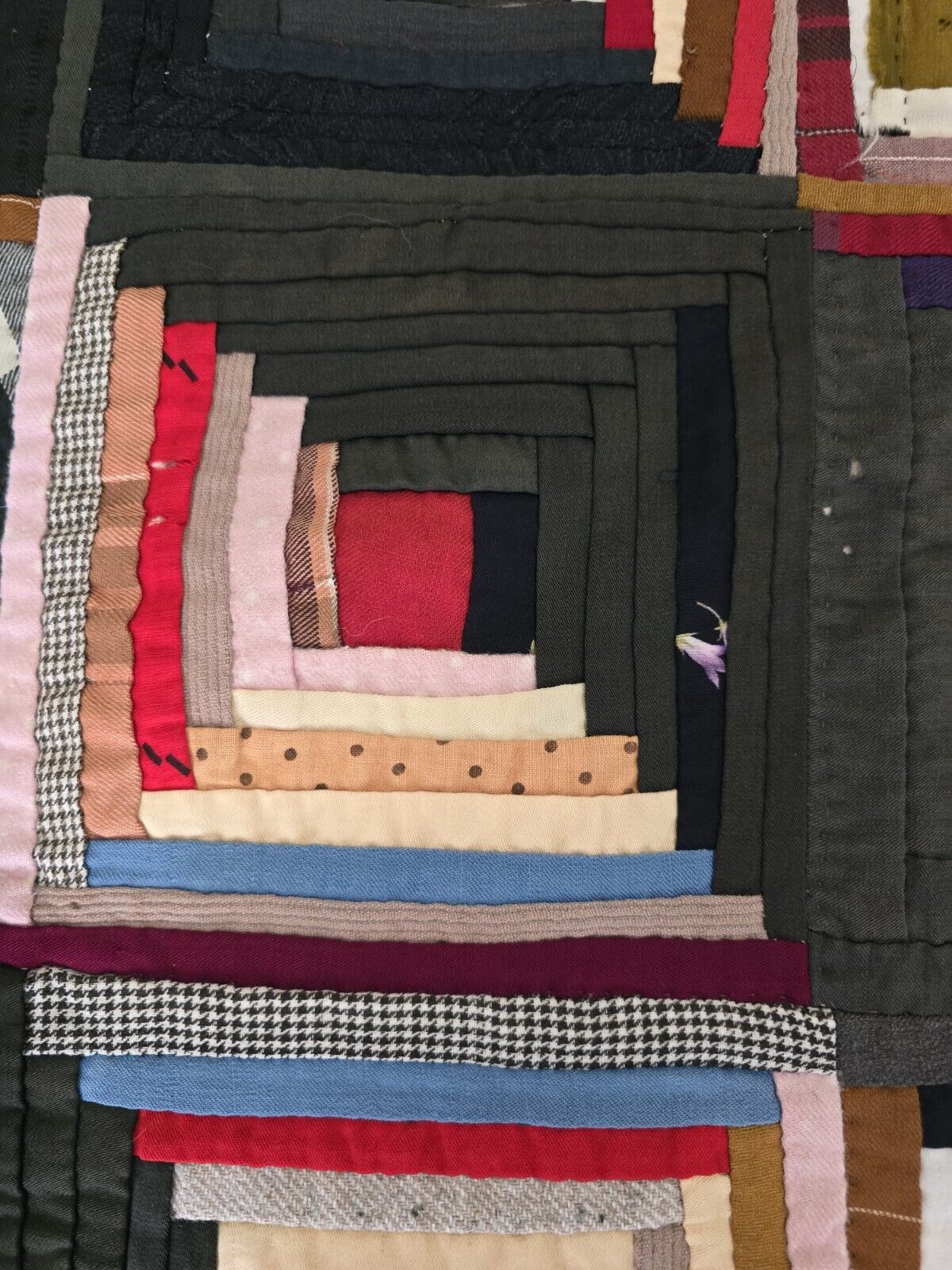 1900s Hand-Stitched Log Cabin Quilt, Museum Quality