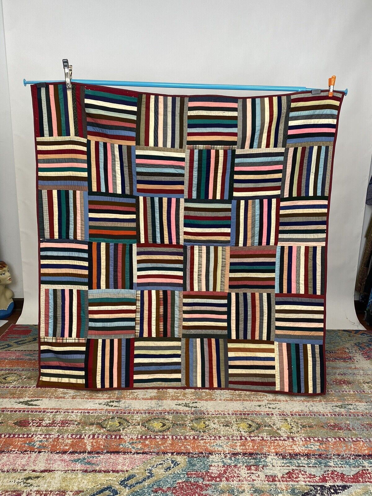 Vintage 1900s Handmade Multicolor Stripe Quilt Bedspread