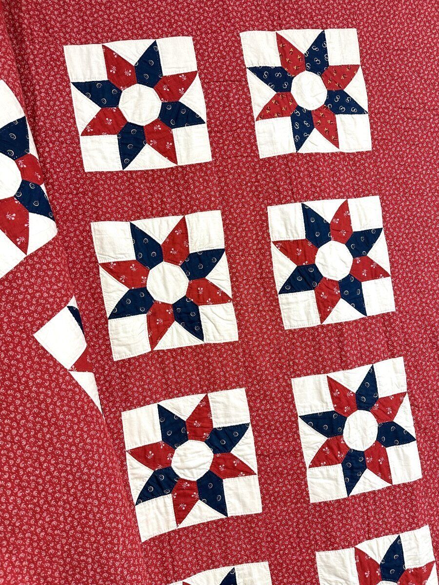 Antique Red White Blue Star Quilt, c 1900s