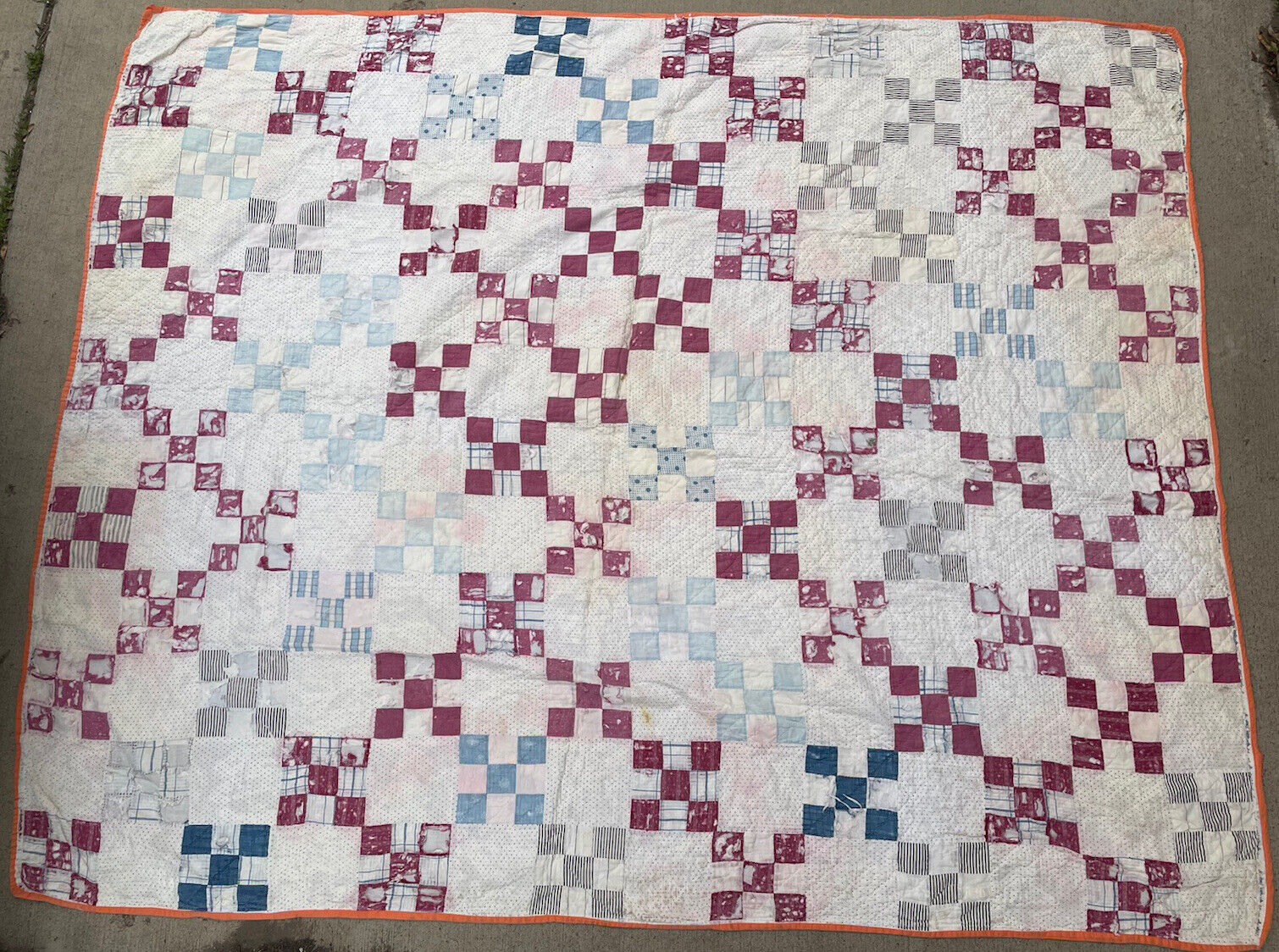 1900s Handmade Geometric Patchwork Quilt 80” x 62”
