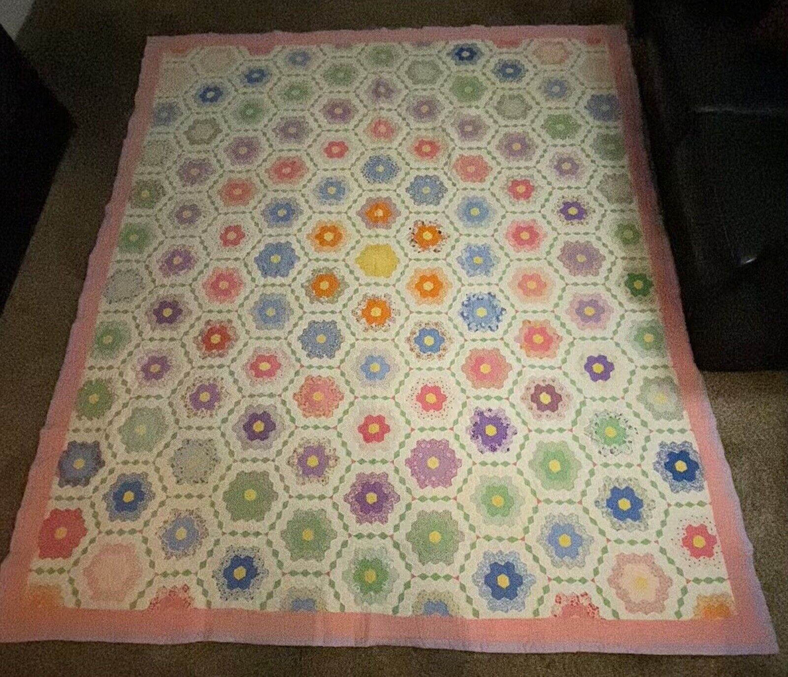 Antique Grandmother's Flower Garden Mosaic Quilt