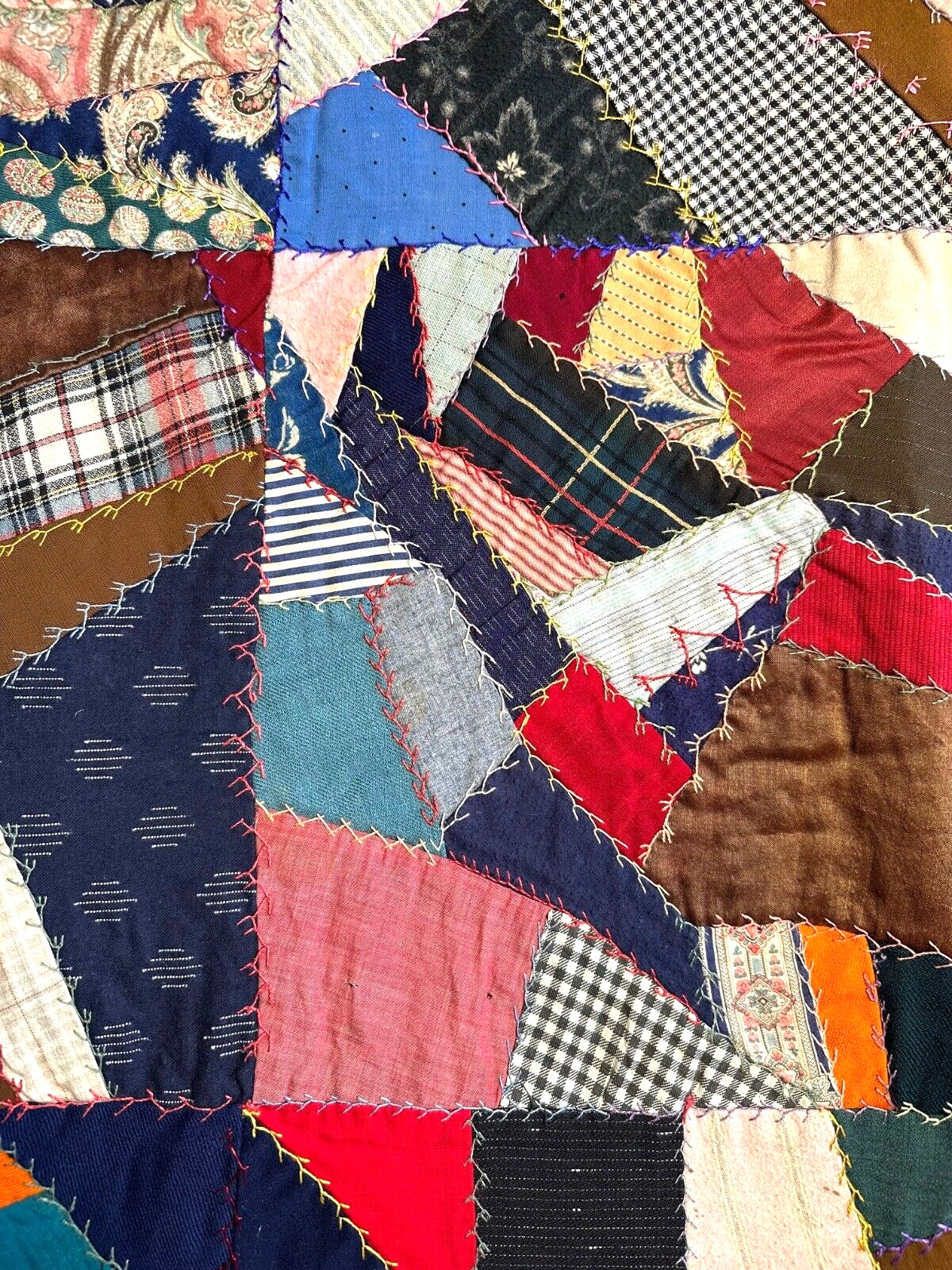 1900s Hand Embroidered Crazy Quilt Folk Art Blanket