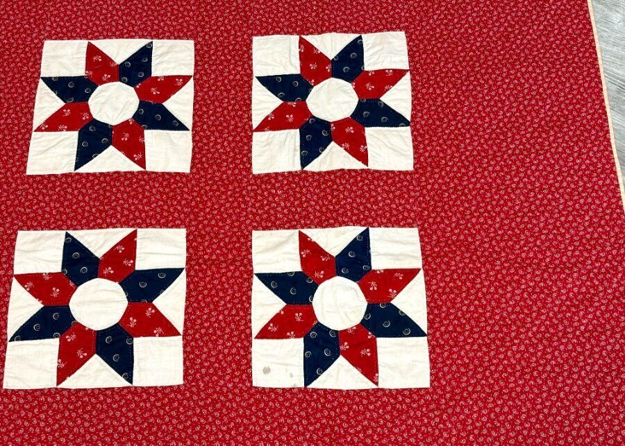 Antique Red White Blue Star Quilt, c 1900s