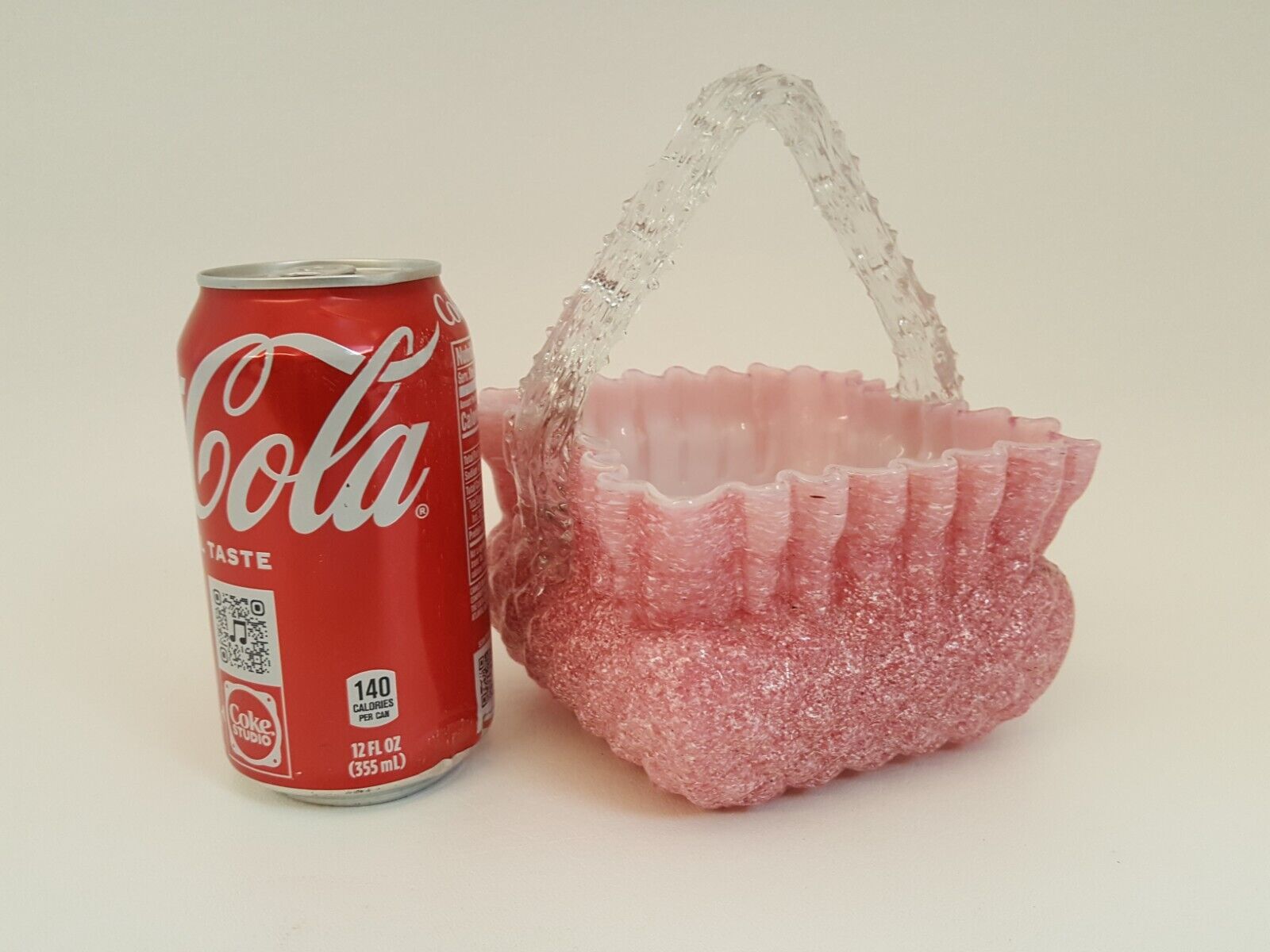 1900s Pink White Diamond Quilt Basket Art Glass