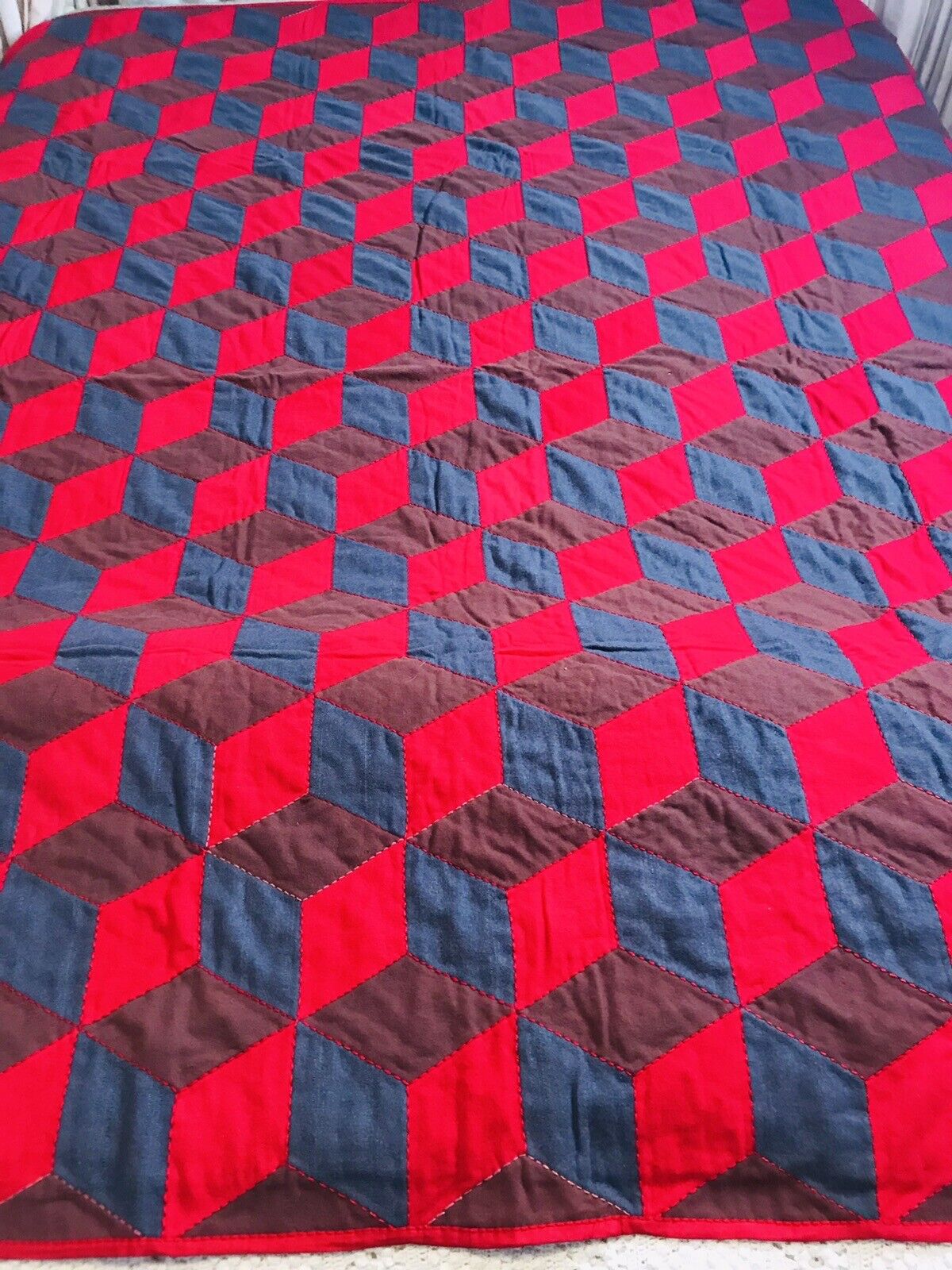 Vintage 1900s Hand-Stitched 3D Wool Quilt