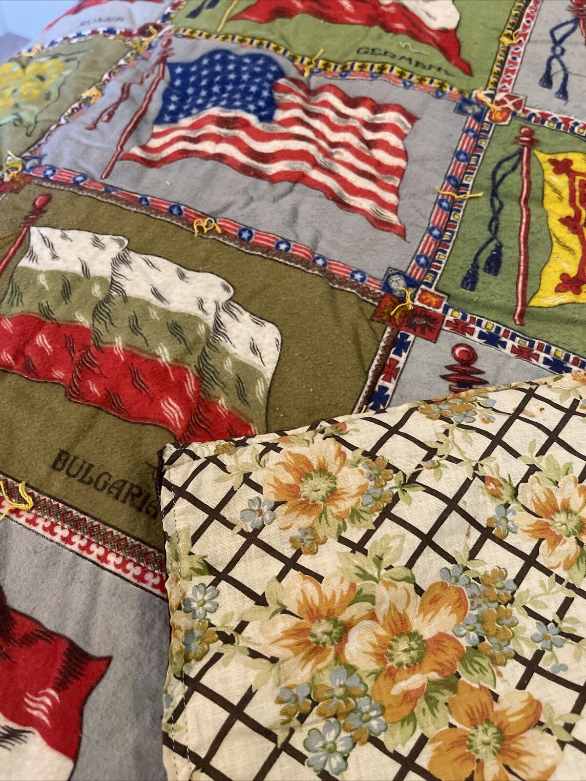 Antique Handmade Quilt with Flags, 79"x66