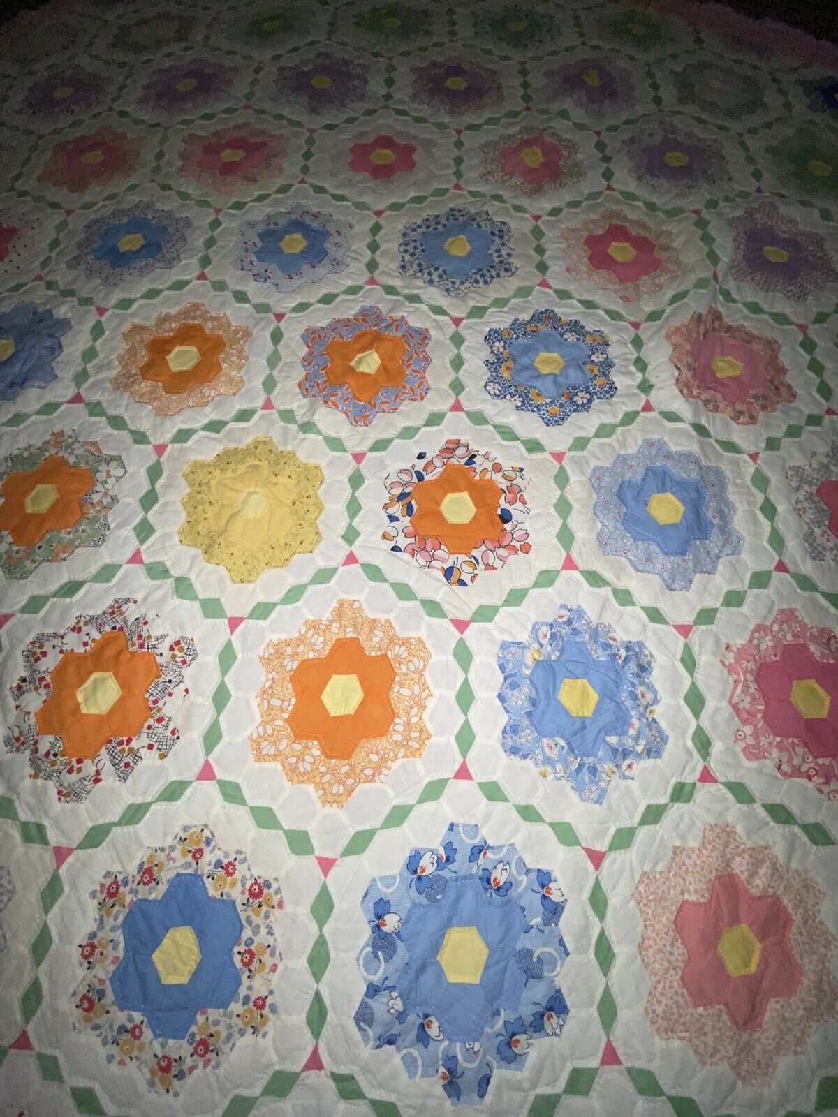 Antique Grandmother's Flower Garden Mosaic Quilt