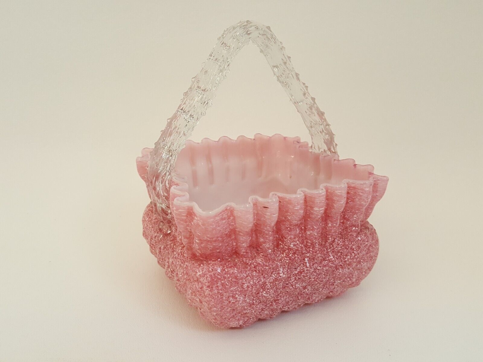 1900s Pink White Diamond Quilt Basket Art Glass