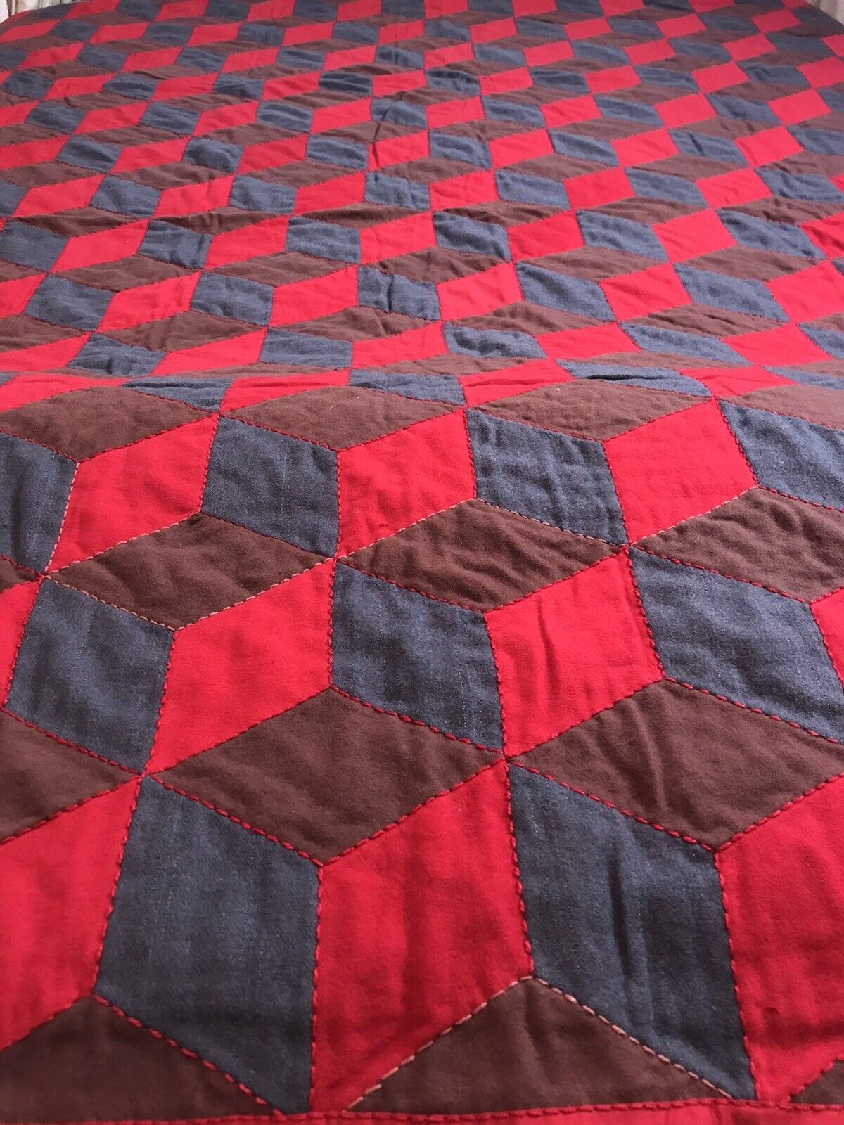 Vintage 1900s Hand-Stitched 3D Wool Quilt