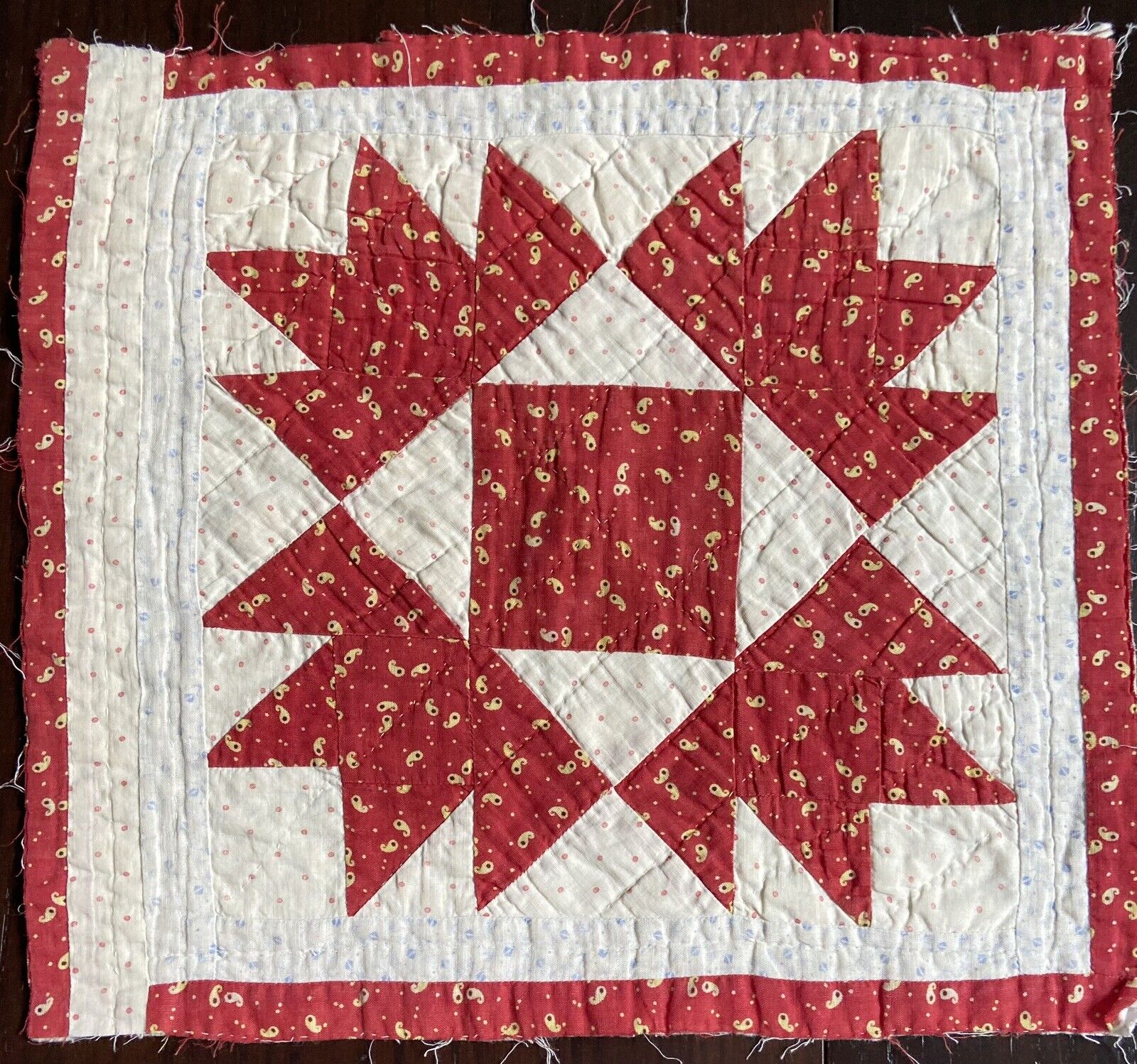1800s Bear Claw Antique Quilt Piece Red Yellow