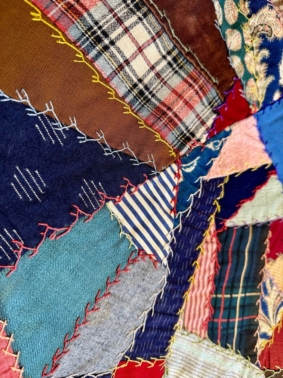 1900s Hand Embroidered Crazy Quilt Folk Art Blanket