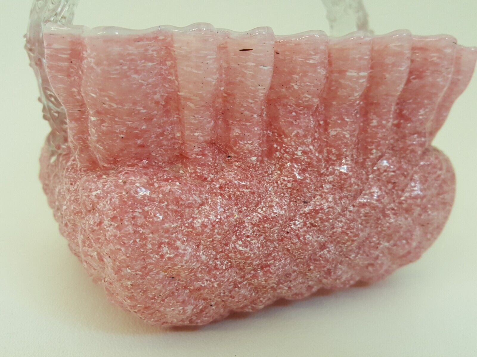 1900s Pink White Diamond Quilt Basket Art Glass