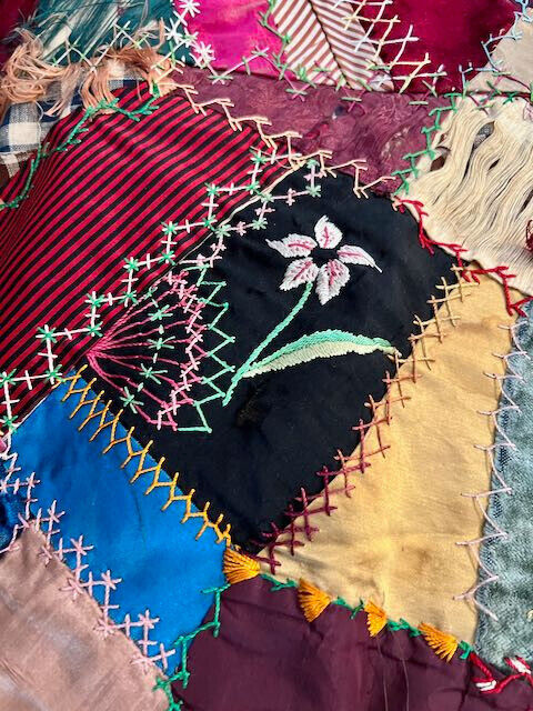 Early 1900s Large Queen Crazy Quilt Stitched Silk