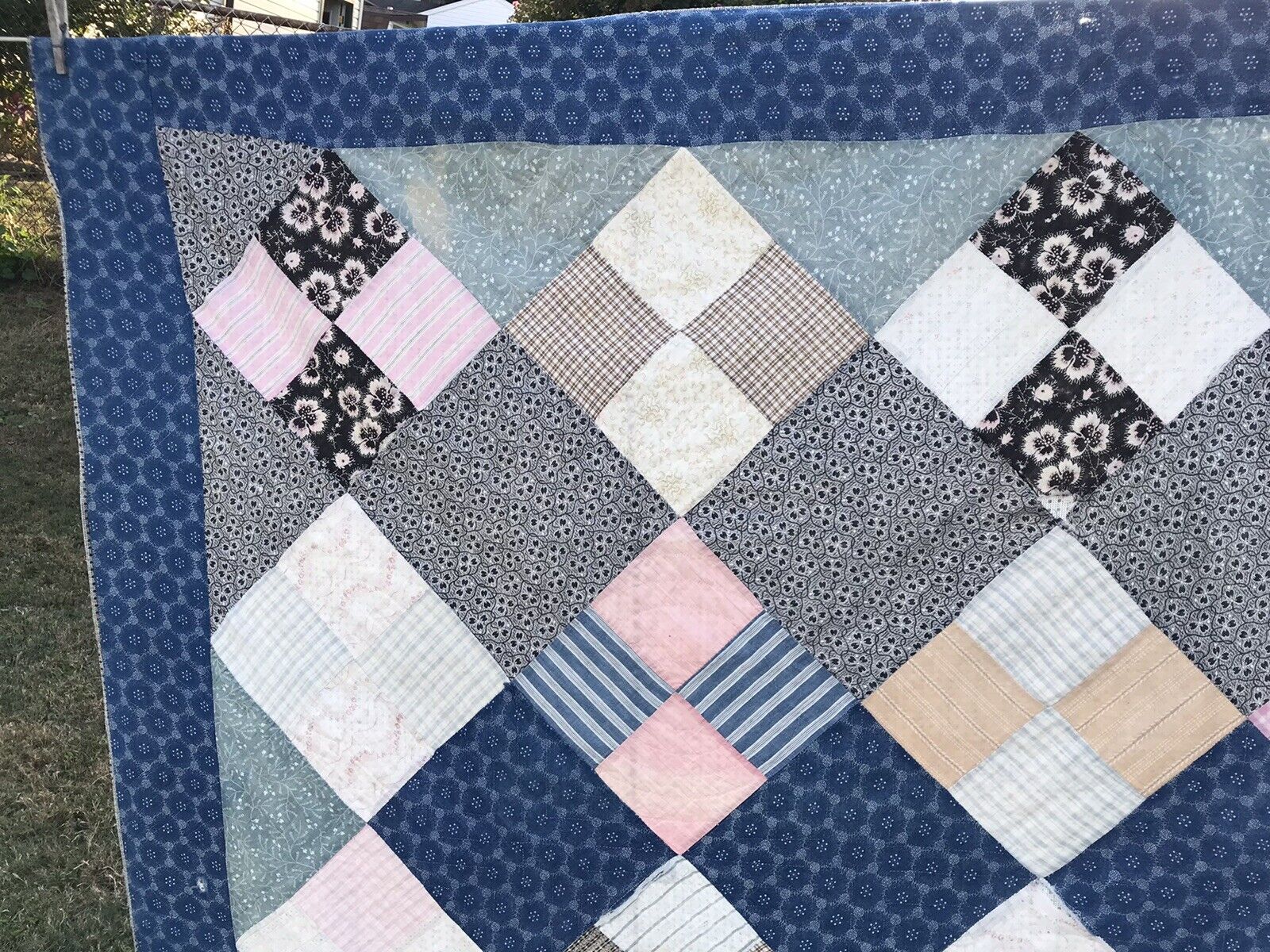 Vintage Hand-Stitched Feedsack Quilt from 1900s