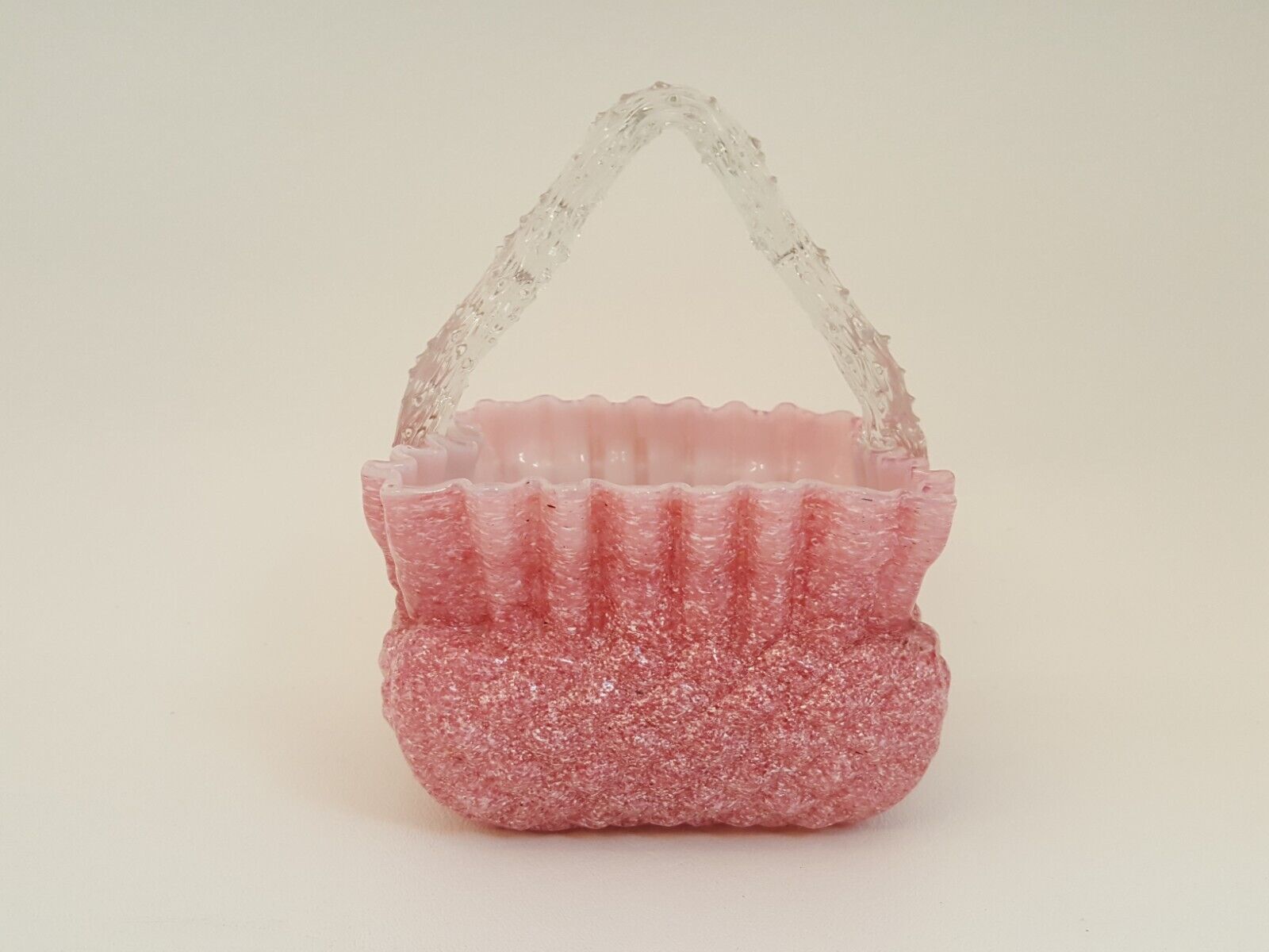 1900s Pink White Diamond Quilt Basket Art Glass