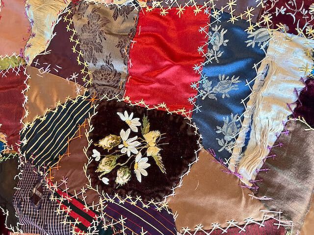Early 1900s Large Queen Crazy Quilt Stitched Silk