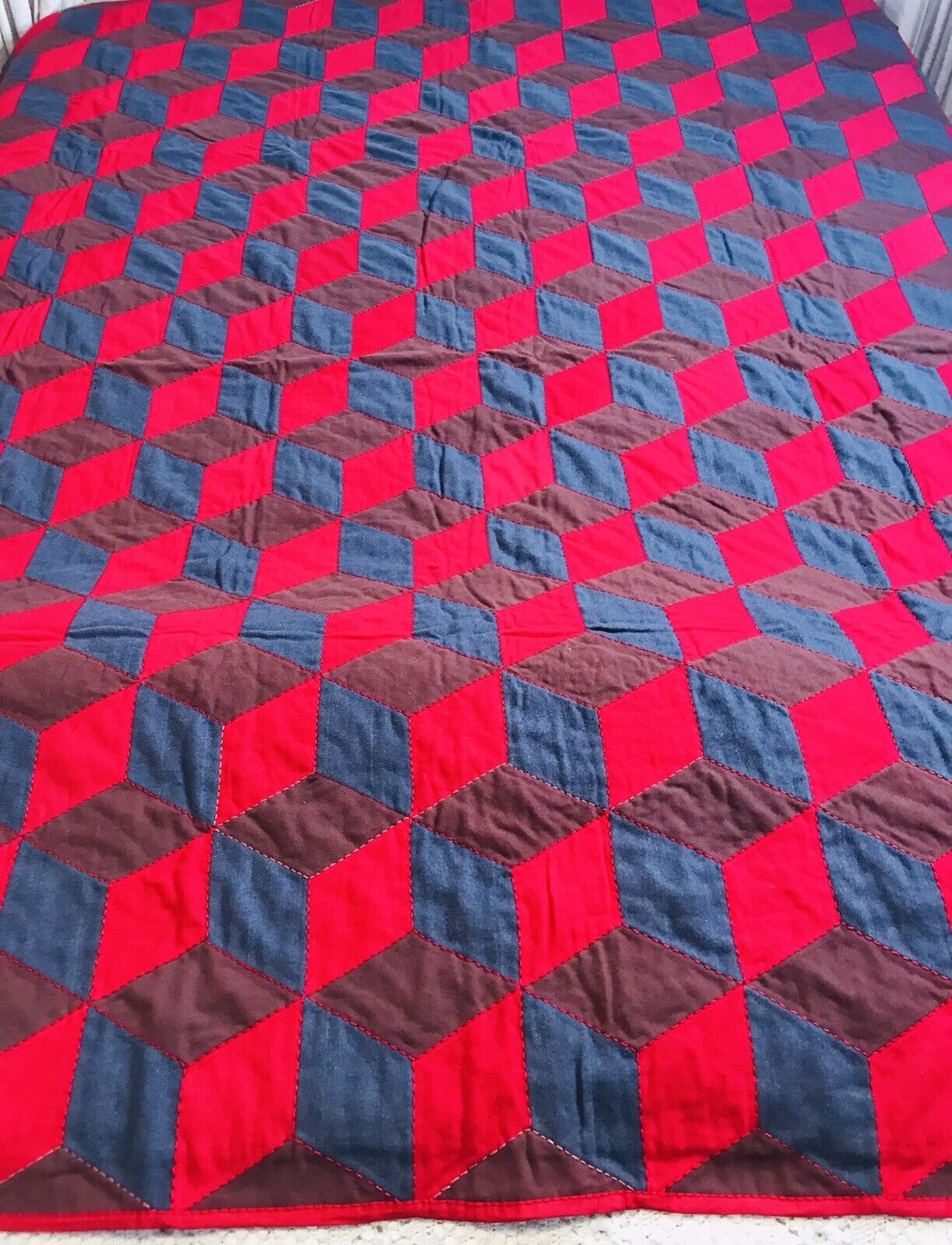 Vintage 1900s Hand-Stitched 3D Wool Quilt