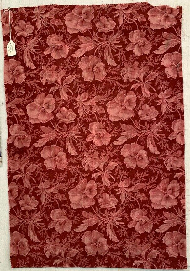 1800s Burgundy French Pansy Fabric Print 19" x 31
