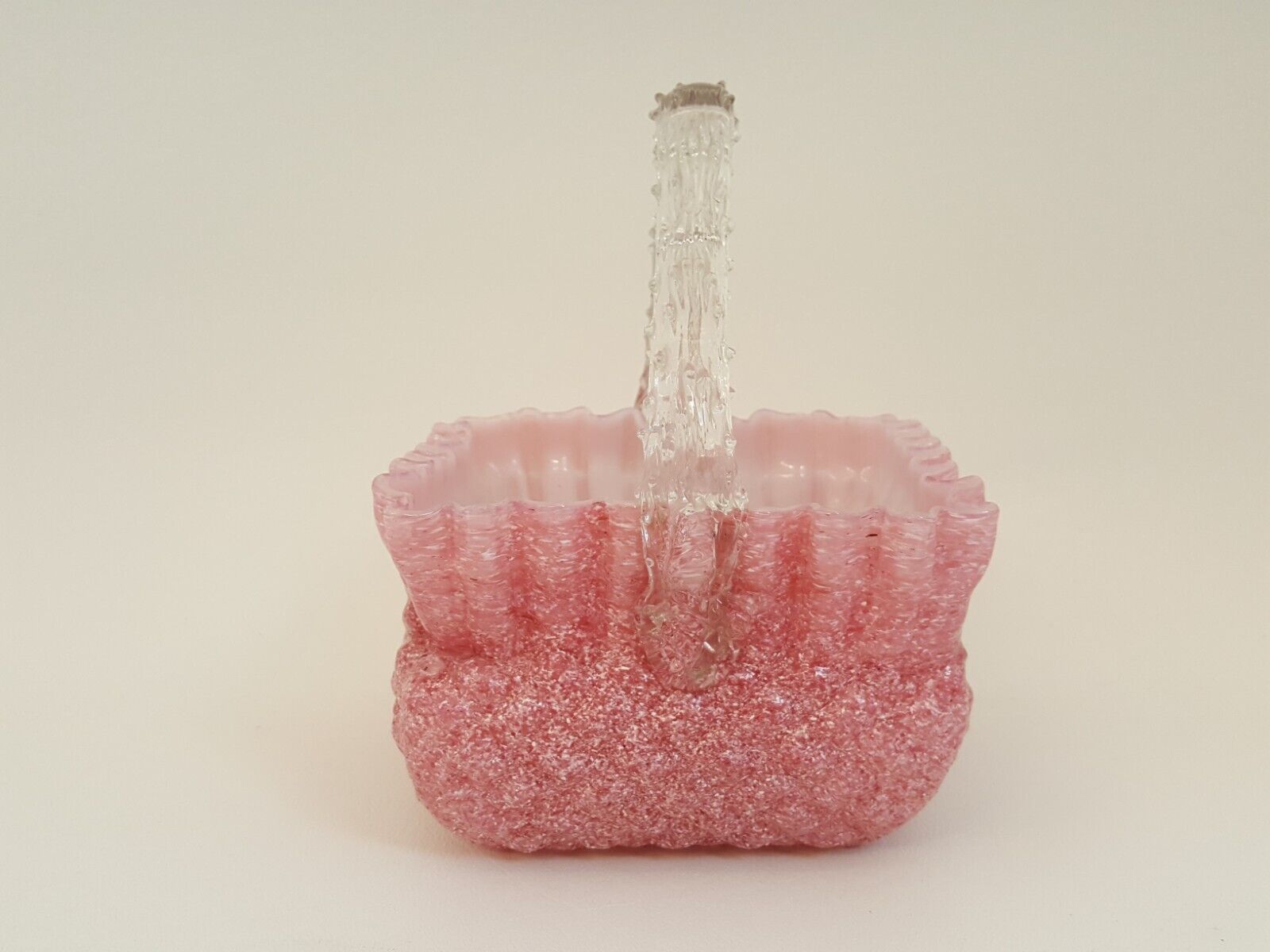 1900s Pink White Diamond Quilt Basket Art Glass