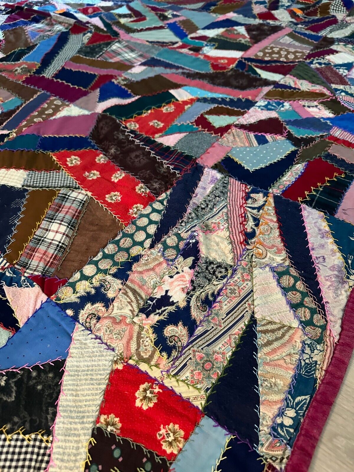 1900s Hand Embroidered Crazy Quilt Folk Art Blanket