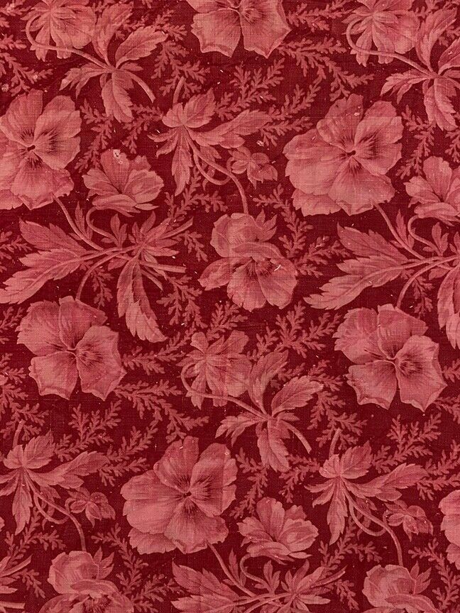 1800s Burgundy French Pansy Fabric Print 19" x 31