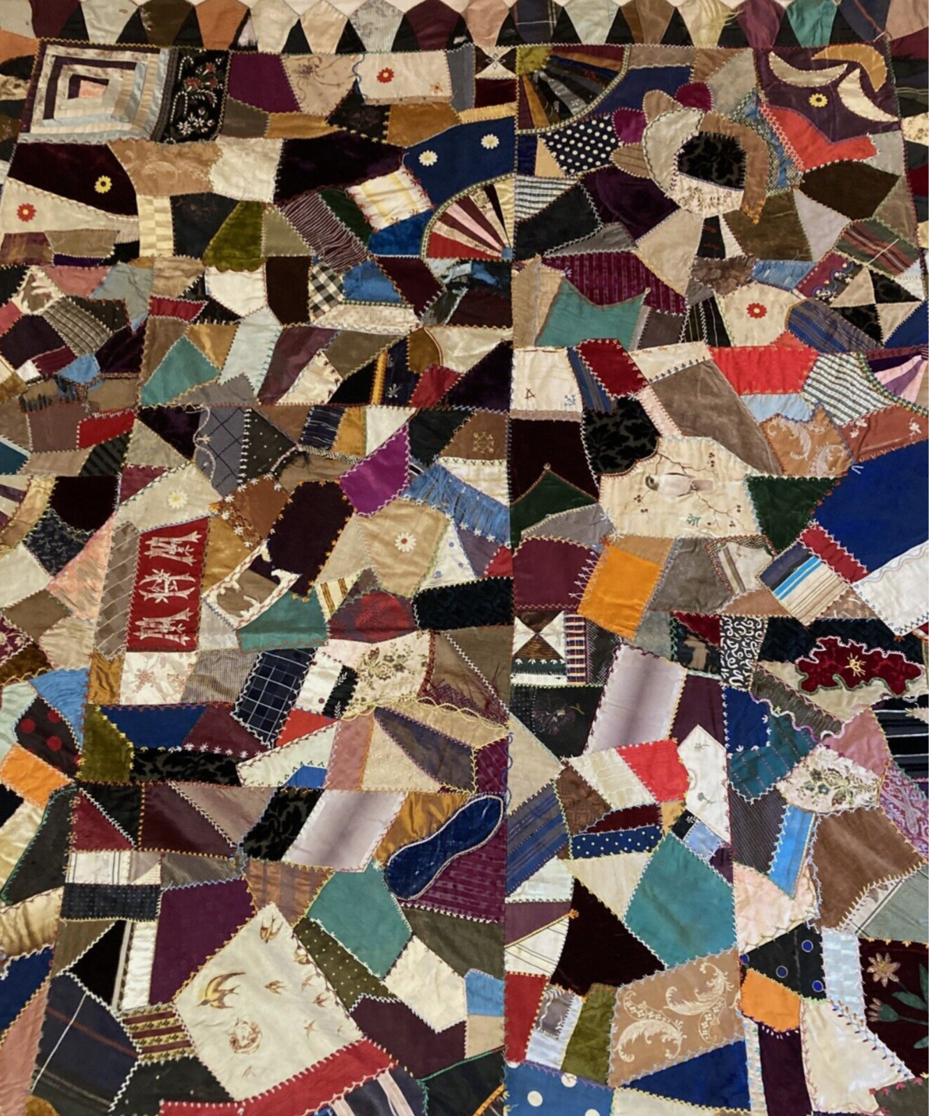 Early 1900s Embroidered Velvet Silk Crazy Quilt