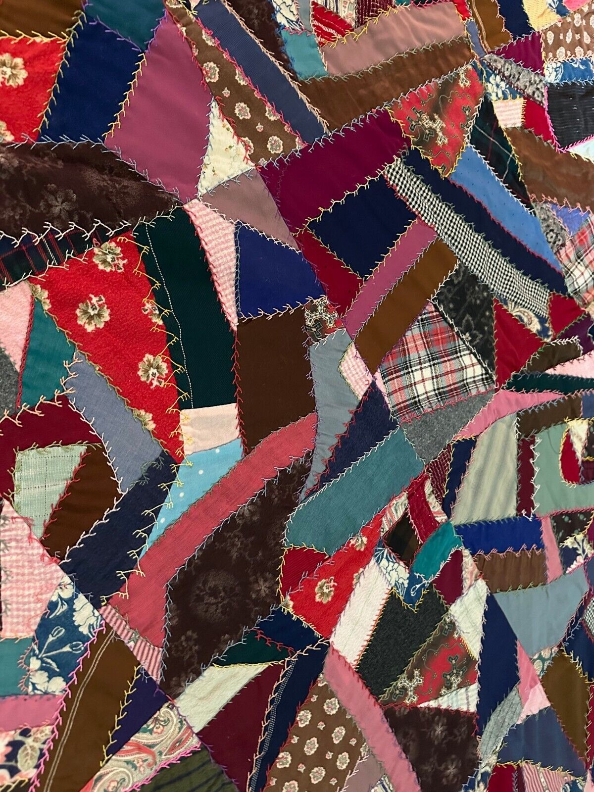 1900s Hand Embroidered Crazy Quilt Folk Art Blanket