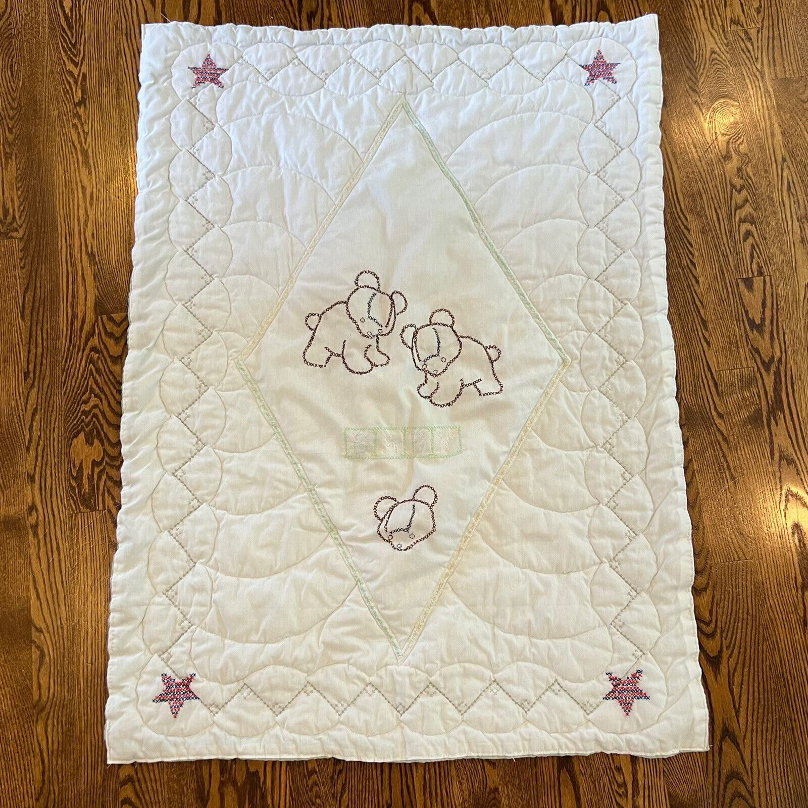 Antique Handmade Bear Quilted Crib Blanket 44x32