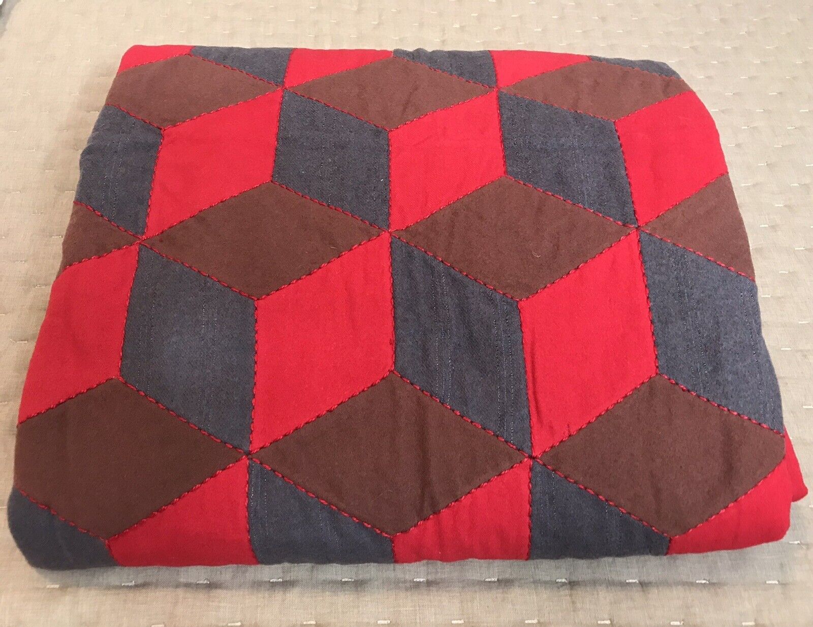 Vintage 1900s Hand-Stitched 3D Wool Quilt