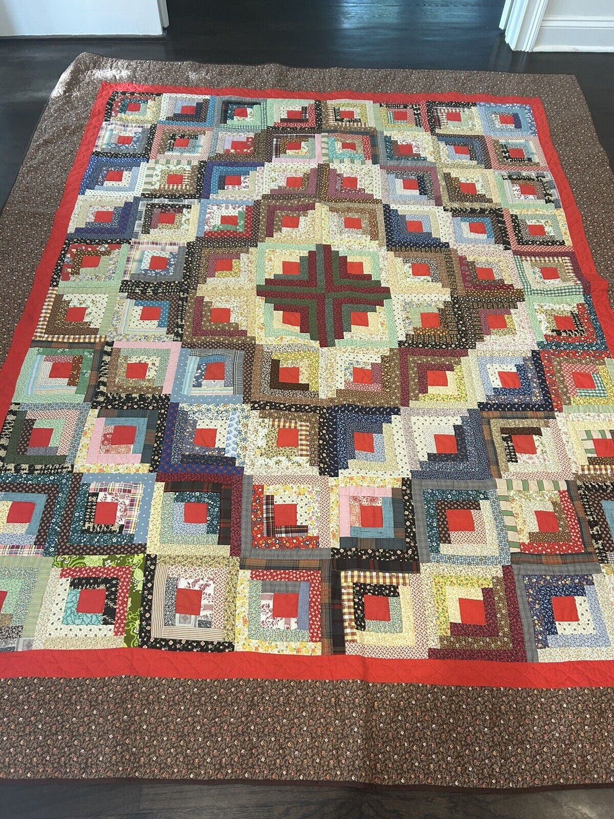 1800s Hand-Pieced Log Cabin Antique Quilt Top