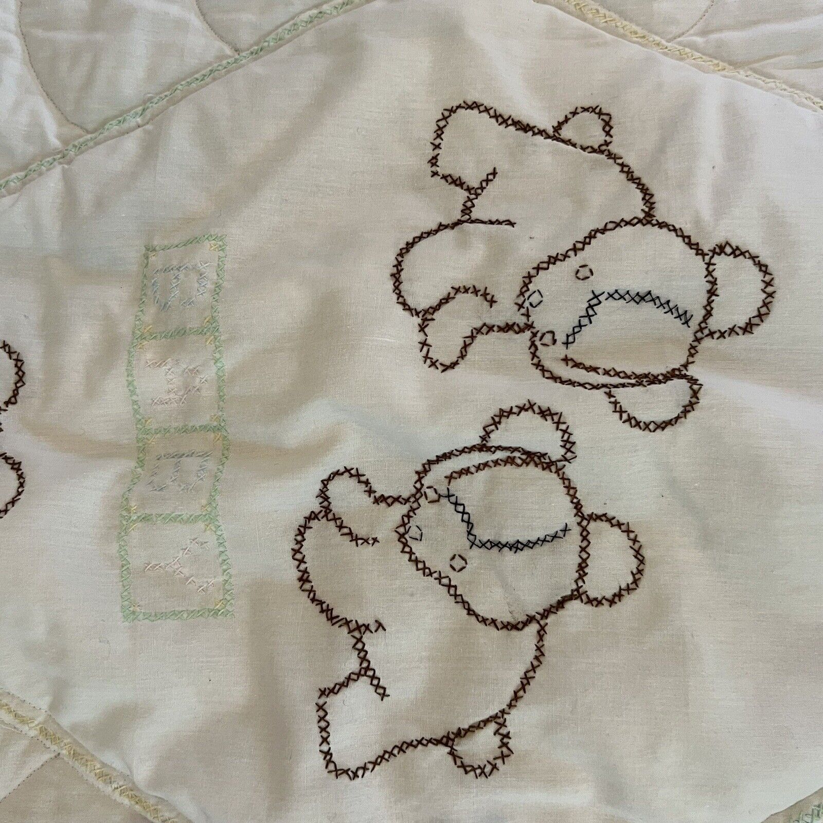 Antique Handmade Bear Quilted Crib Blanket 44x32