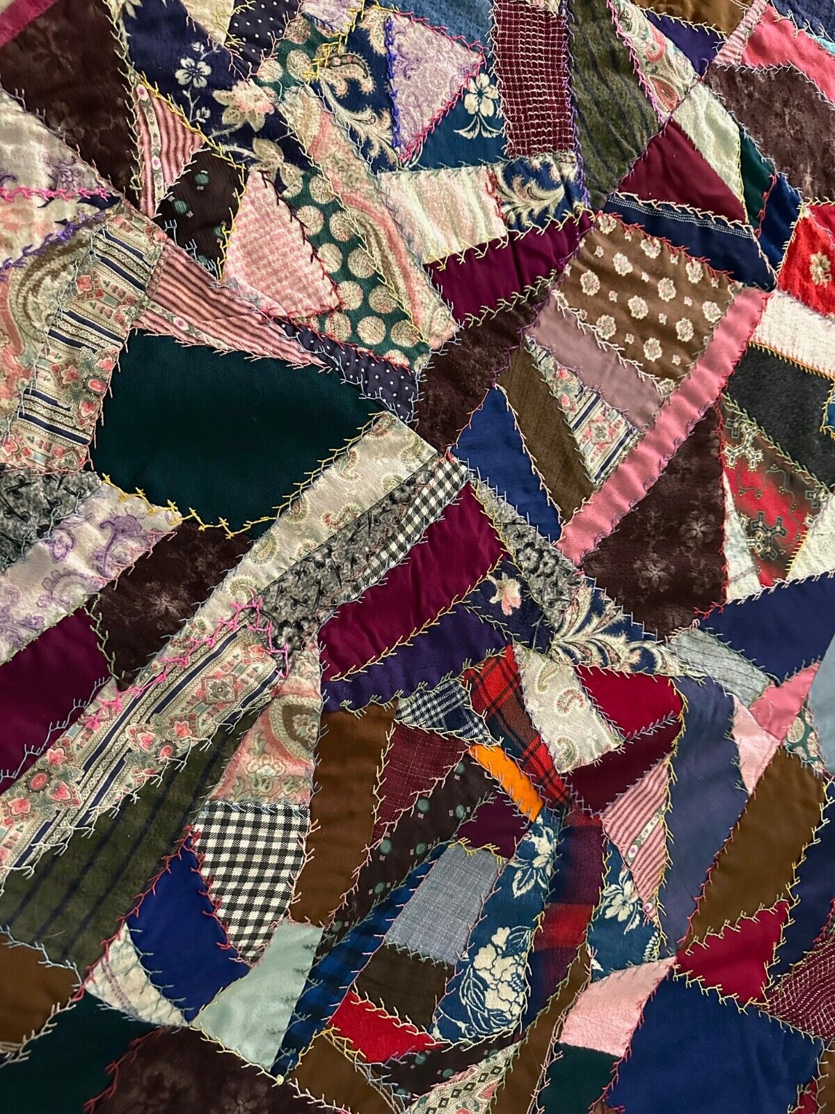 1900s Hand Embroidered Crazy Quilt Folk Art Blanket