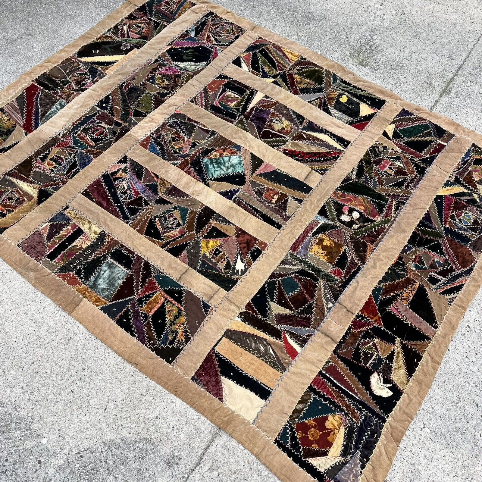 Vintage 1911 Crazy Quilt Patchwork Velvet Silk