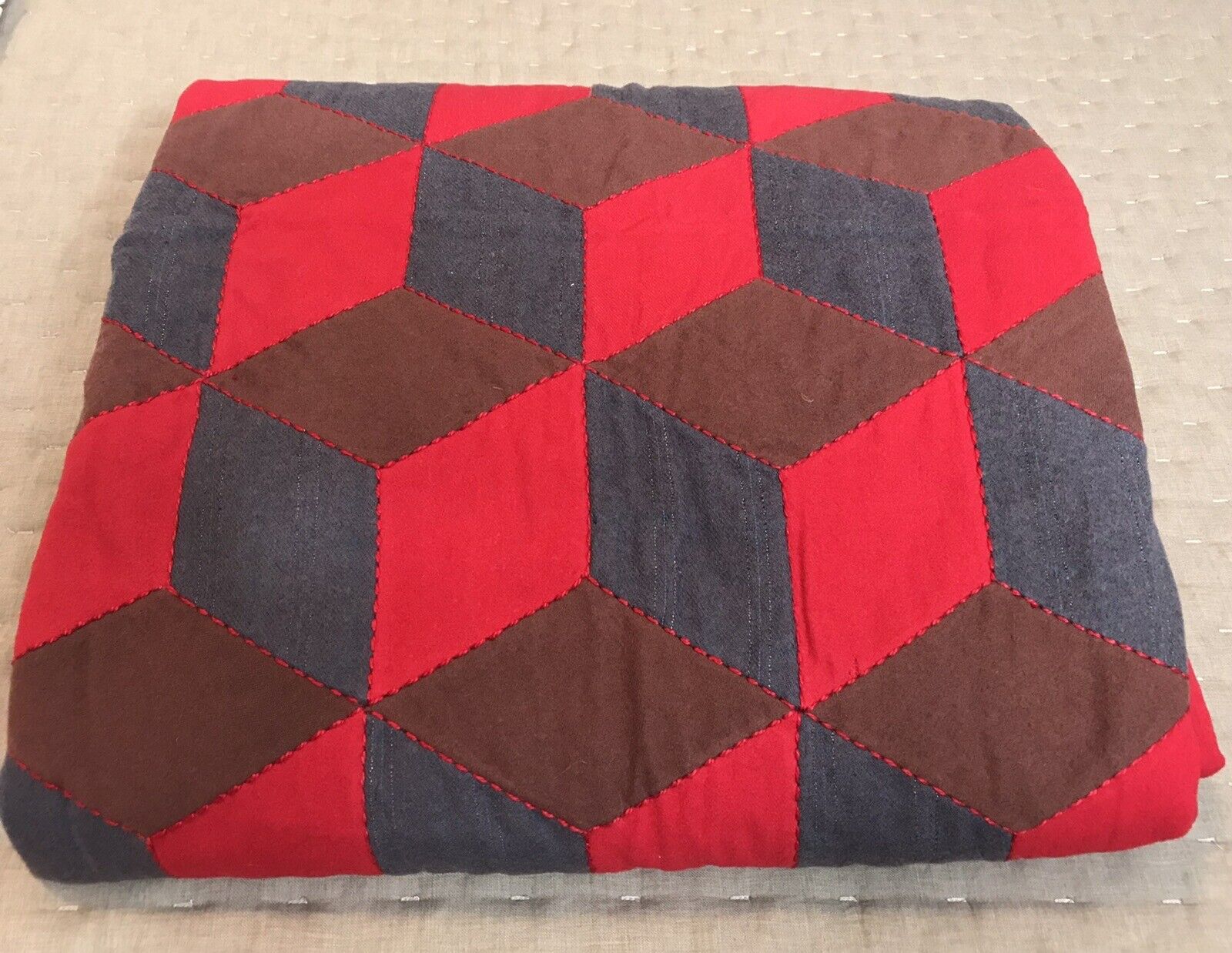 Vintage 1900s Hand-Stitched 3D Wool Quilt