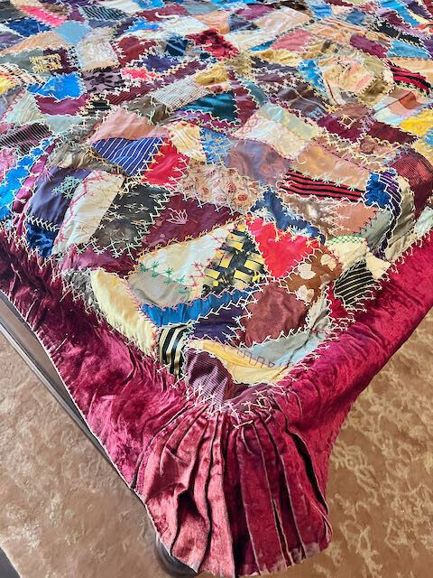 Early 1900s Large Queen Crazy Quilt Stitched Silk