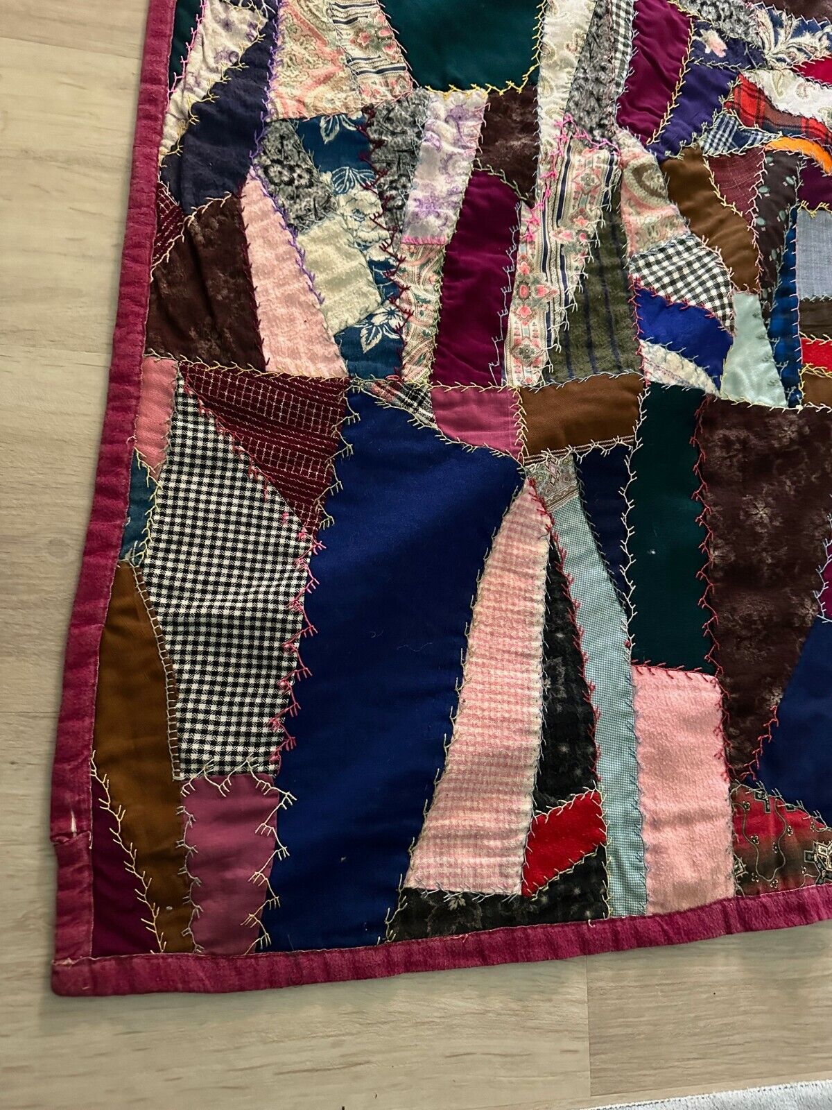 1900s Hand Embroidered Crazy Quilt Folk Art Blanket
