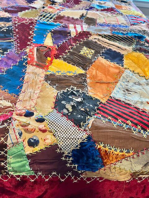 Early 1900s Large Queen Crazy Quilt Stitched Silk