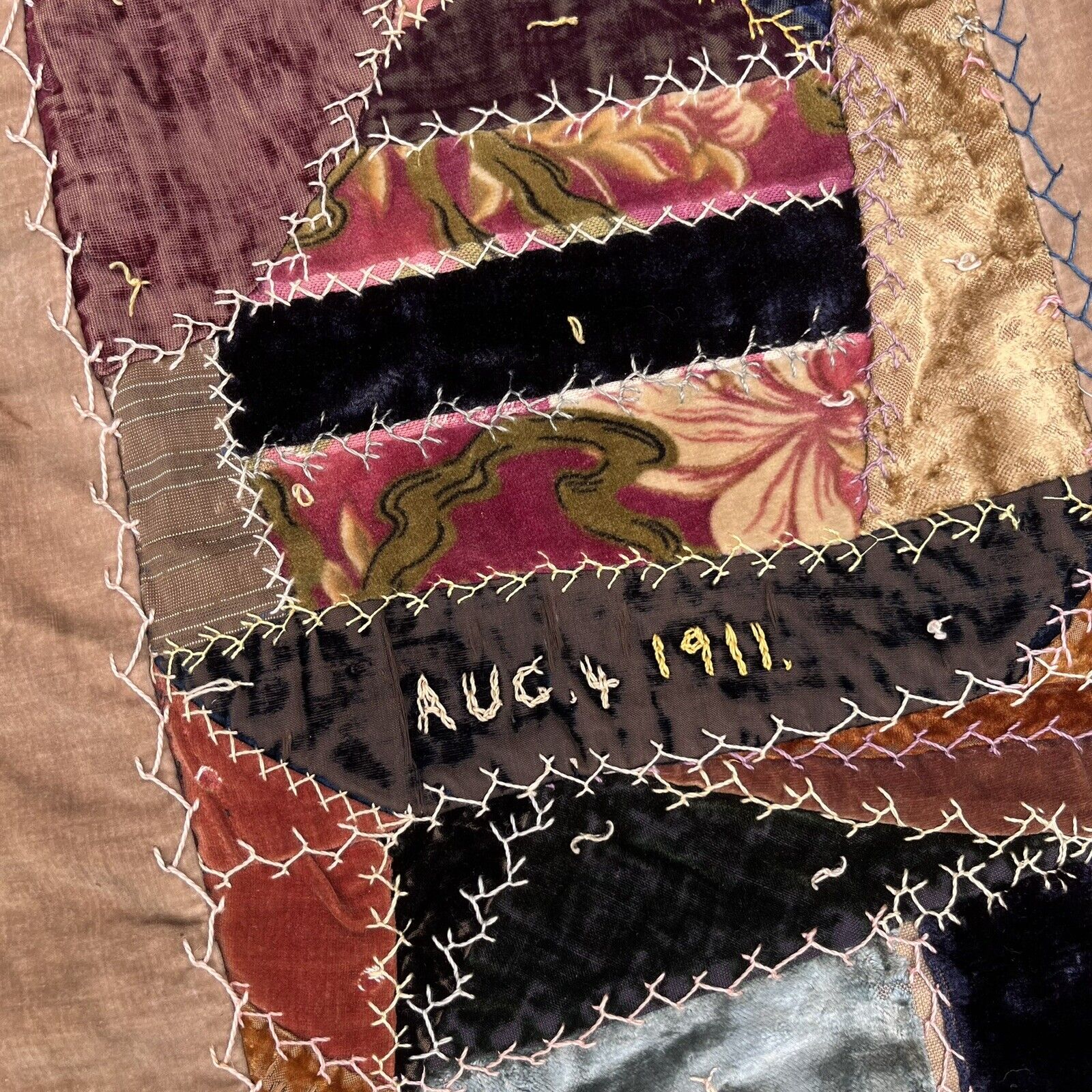 Vintage 1911 Crazy Quilt Patchwork Velvet Silk