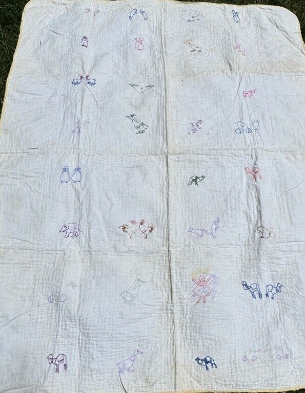 Antique 1900s Handmade Embroidered Child Quilt