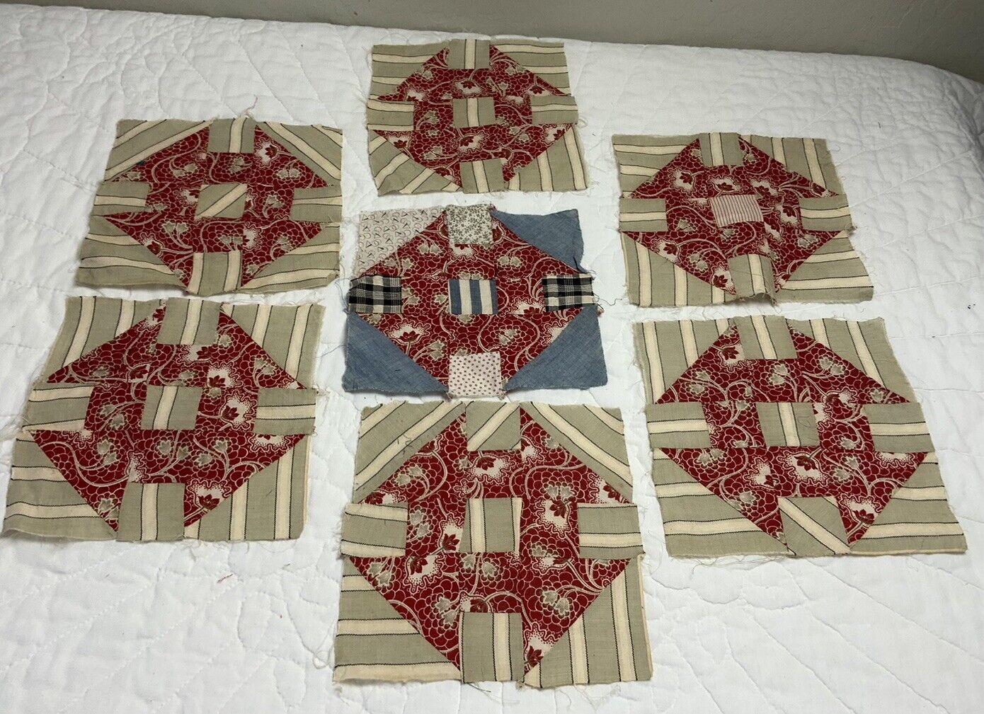 7 Vintage Churn Dash Quilt Patches, Early 1900s