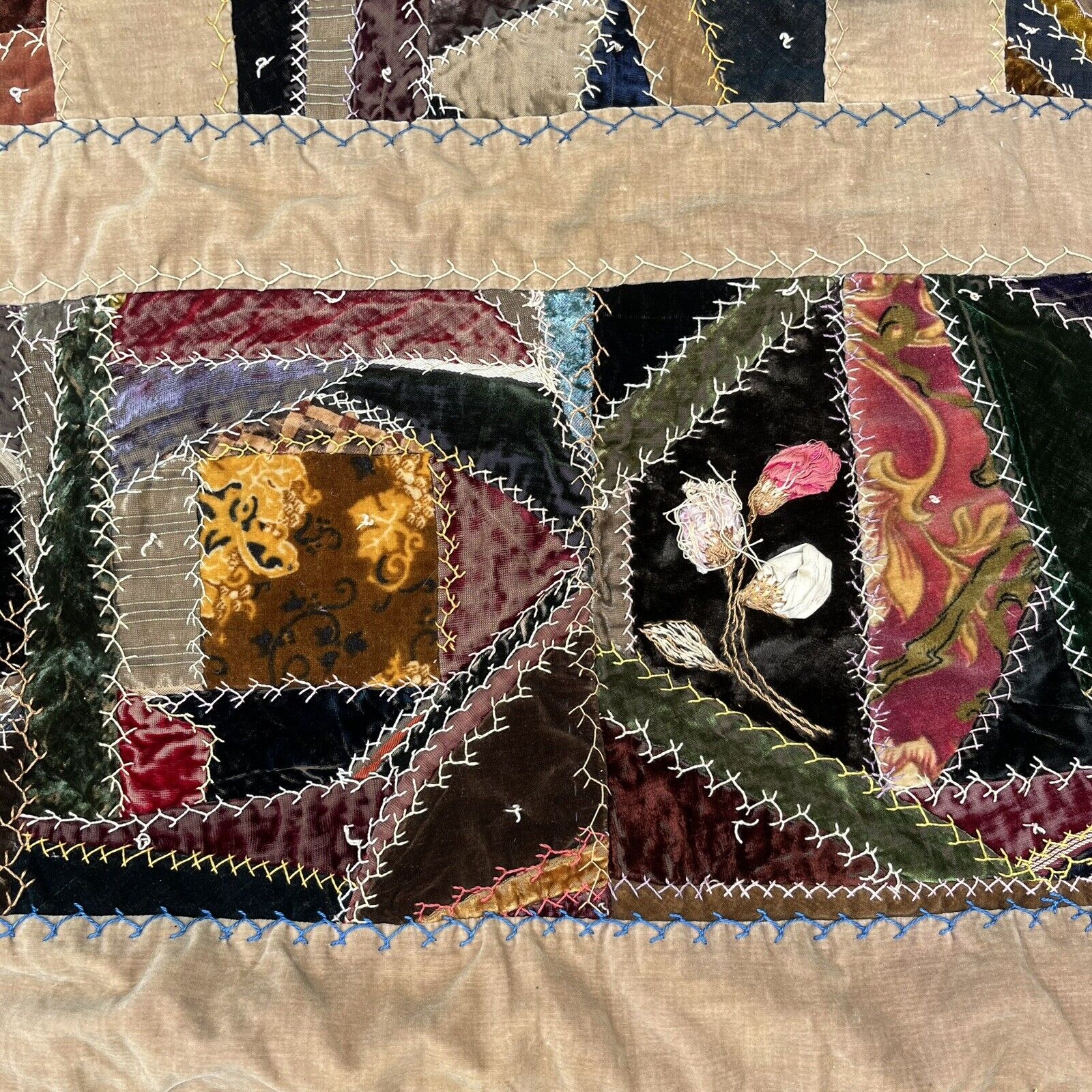 Vintage 1911 Crazy Quilt Patchwork Velvet Silk